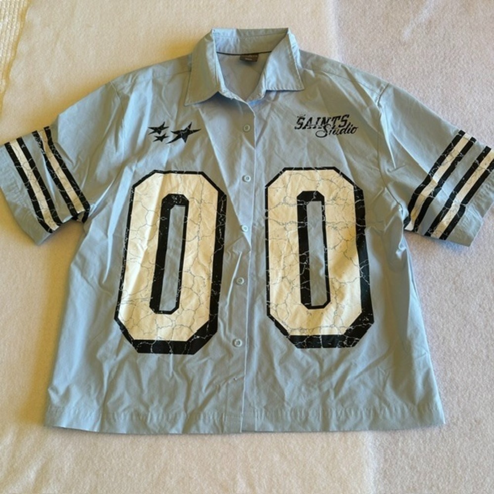 VTG Saints Studio Baseball Jersey Shirt Mens M Light Blue Button Down 00 Graphic
